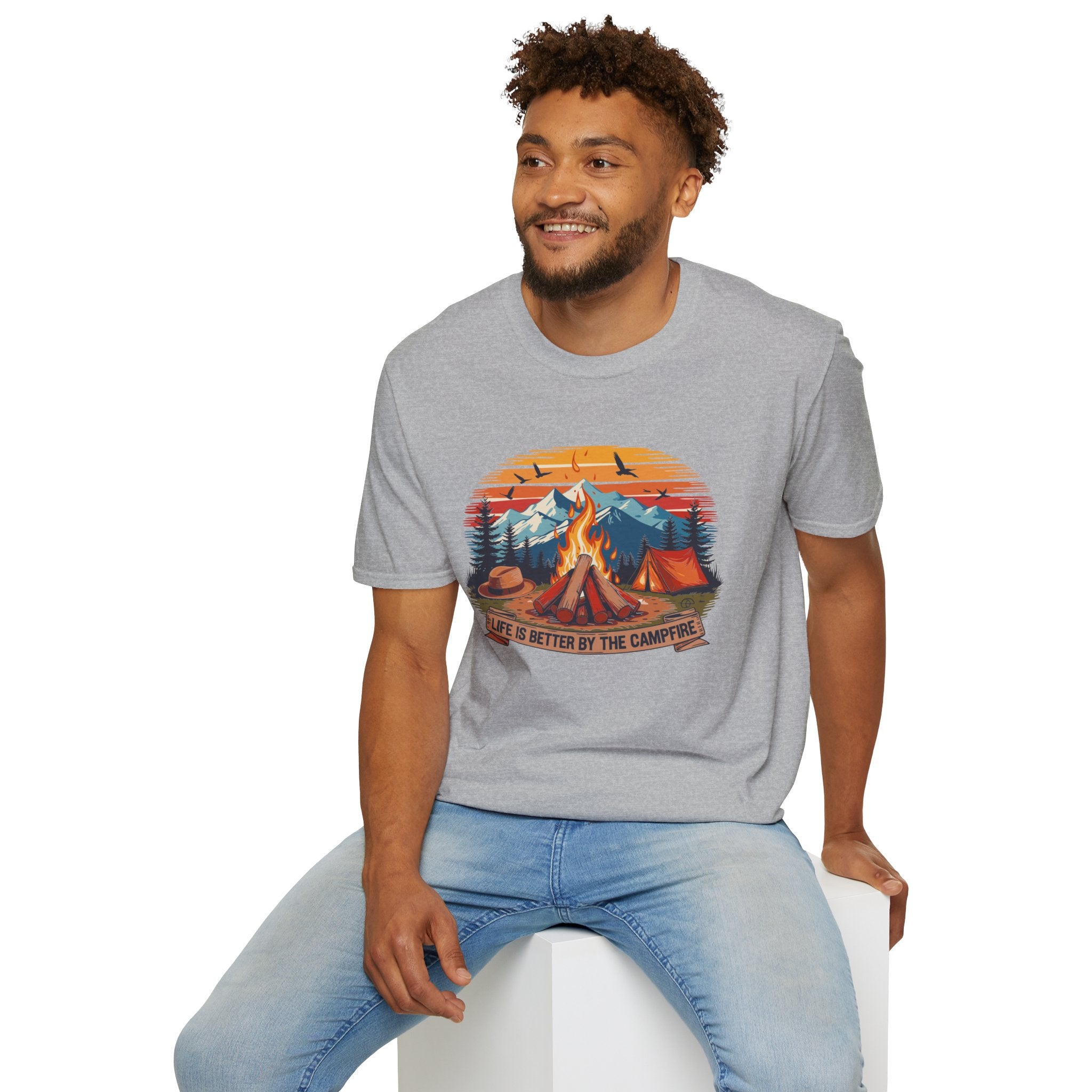 Campfire Vibes Unisex Softstyle T-Shirt, Outdoor Lovers Tee, Adventure Gift, Camping Apparel, Summer Festivals, Nature Enthusiast