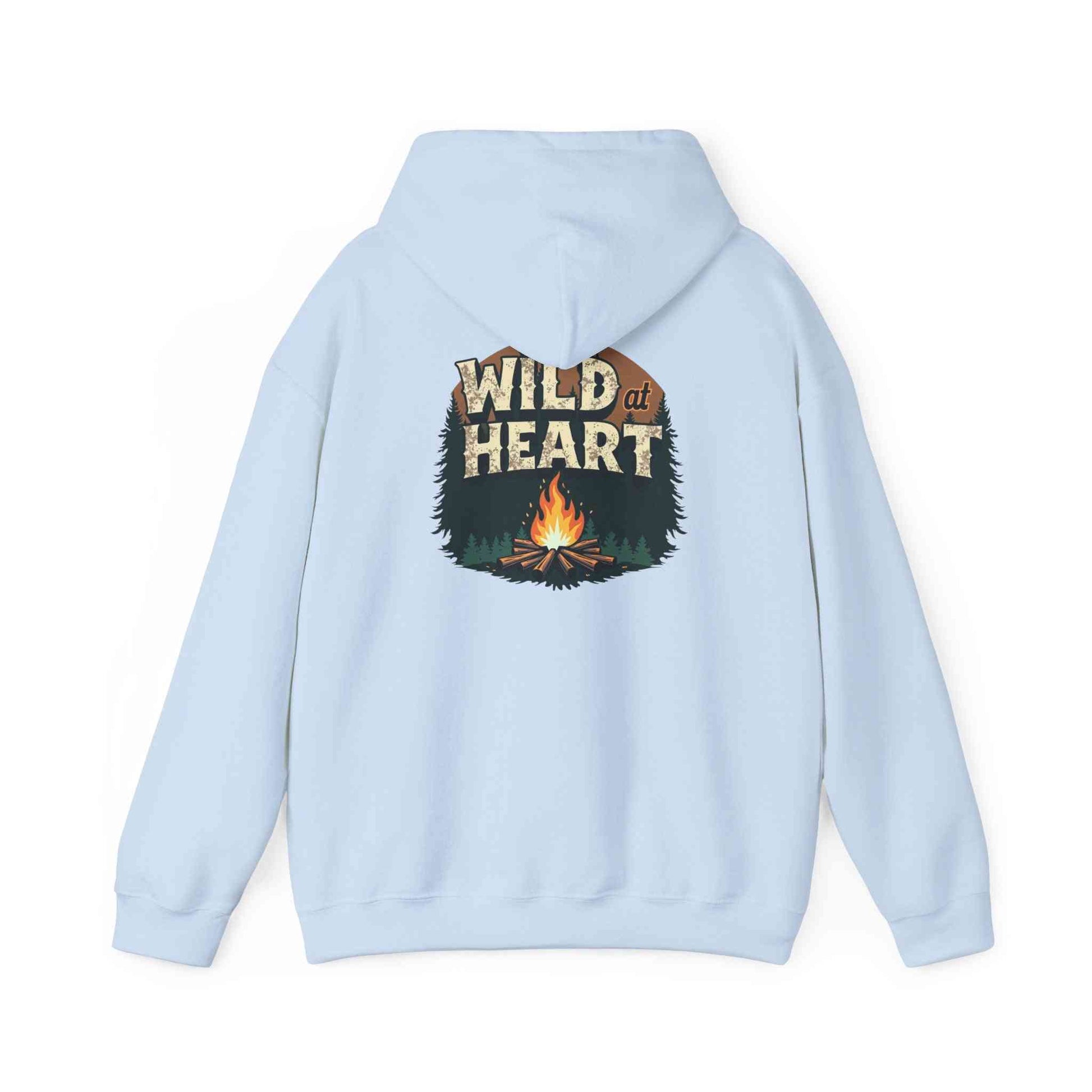 Light blue Wild Heart Unisex Hoodie featuring a campfire graphic and "Wild at Heart" text on the back, cozy camping sweatshirt design