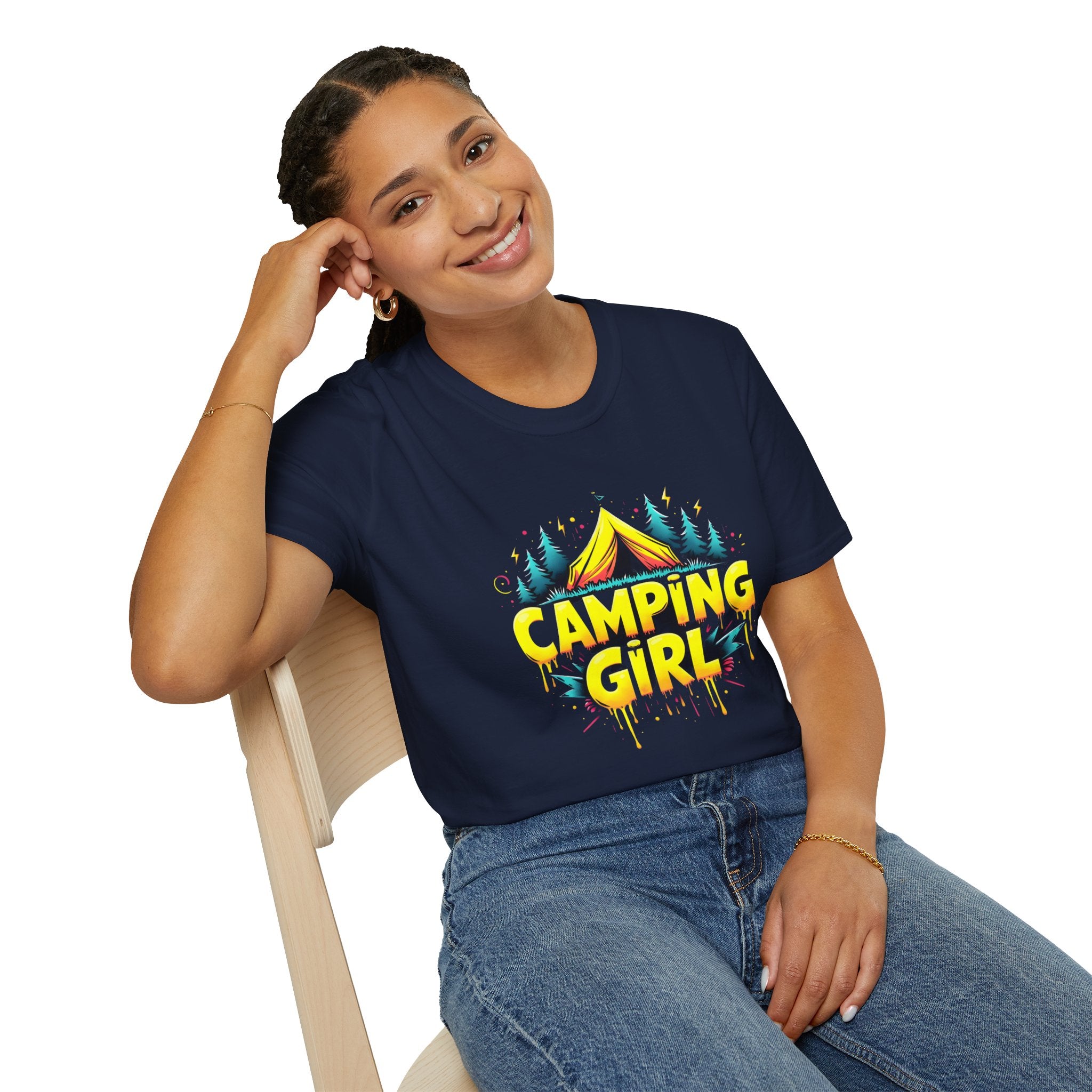 Camping Girl Unisex Softstyle T-Shirt, Outdoor Adventure Tee, Gift for Campers, Hiking Apparel, Summer Vacation Shirt