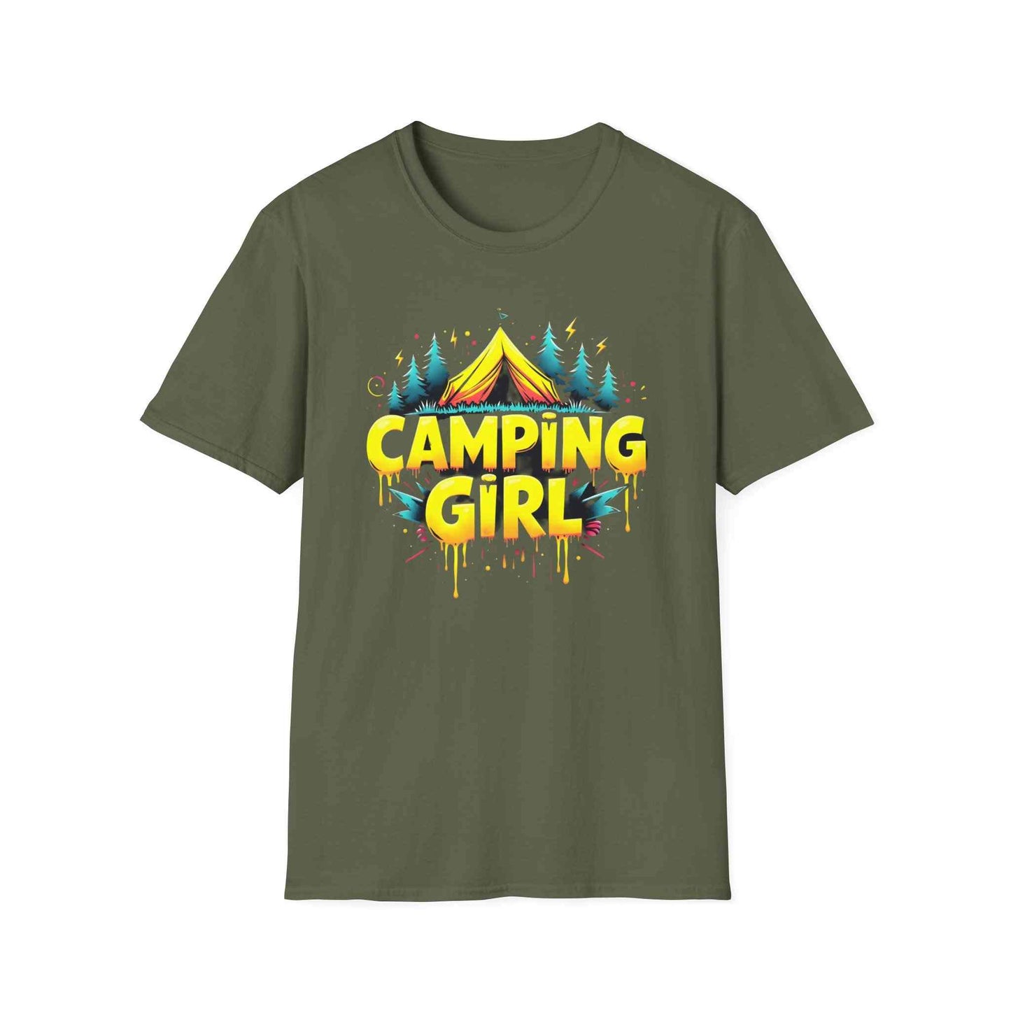 Camping Girl Unisex Softstyle T-Shirt, Outdoor Adventure Tee, Gift for Campers, Hiking Apparel, Summer Vacation Shirt