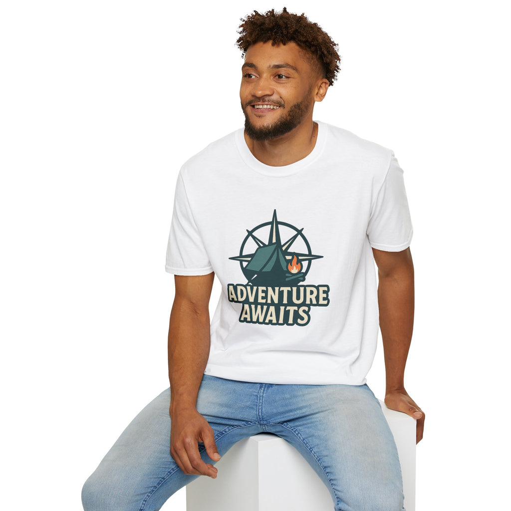 Adventure Awaits Unisex Softstyle T-Shirt, Camping Shirt, Hiking Tee, Outdoor Enthusiast Gift, Adventure Lover Apparel, Travel T-Shirt