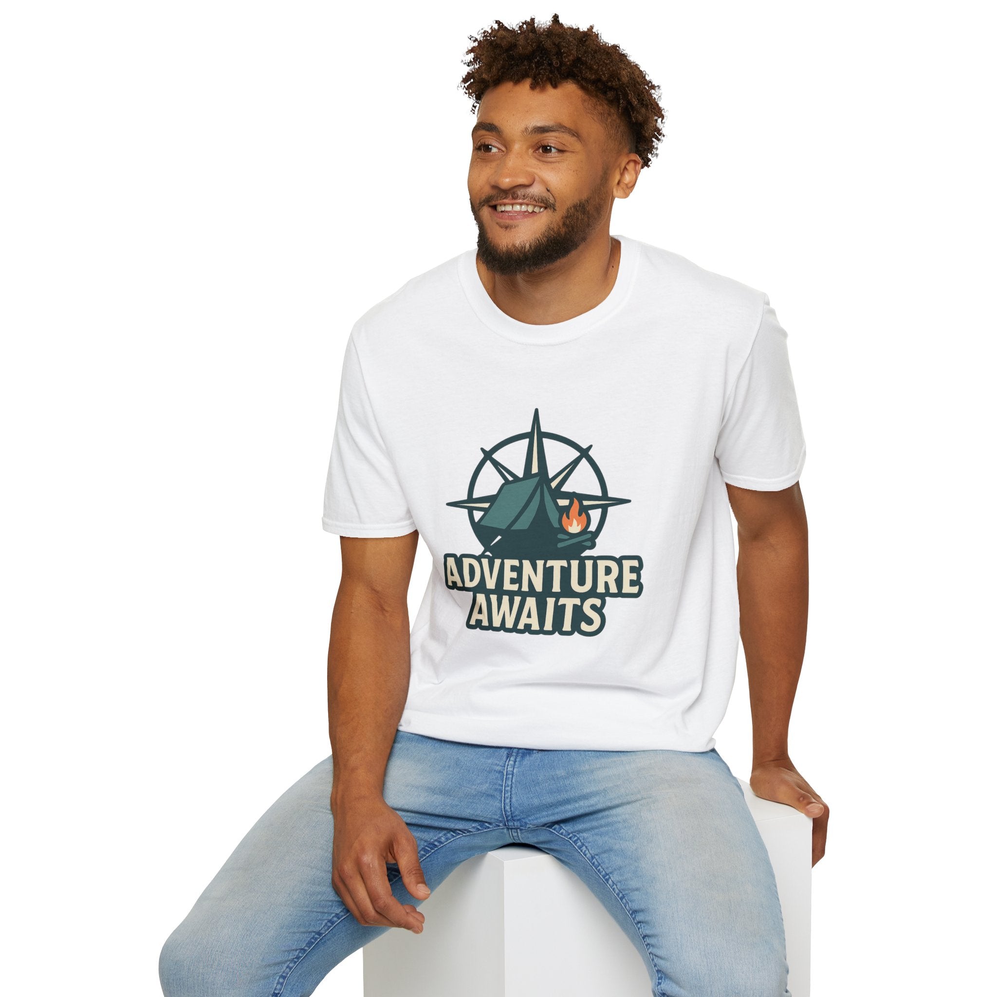 Adventure Awaits Unisex Softstyle T-Shirt, Camping Shirt, Hiking Tee, Outdoor Enthusiast Gift, Adventure Lover Apparel, Travel T-Shirt