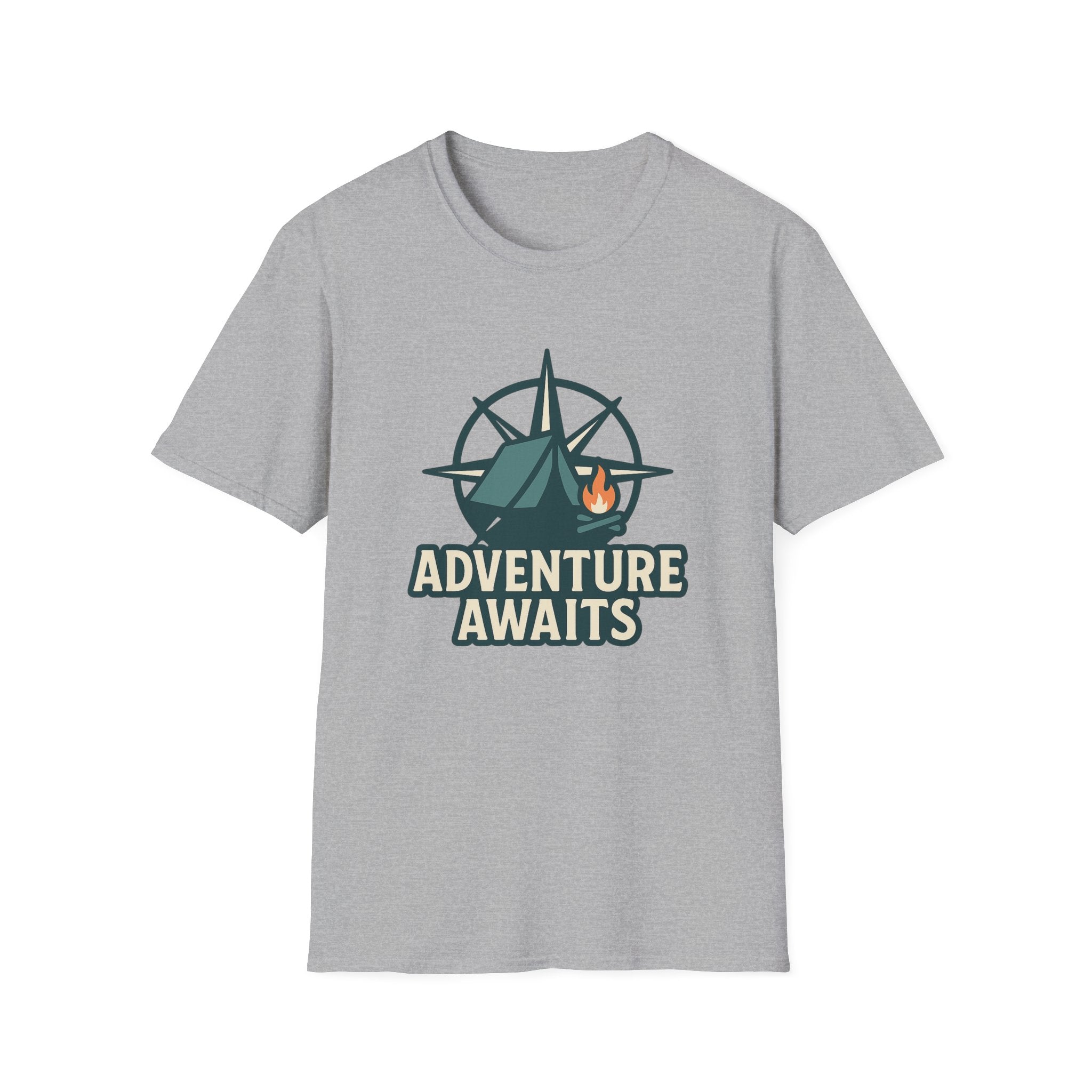 Adventure Awaits Unisex Softstyle T-Shirt, Camping Shirt, Hiking Tee, Outdoor Enthusiast Gift, Adventure Lover Apparel, Travel T-Shirt