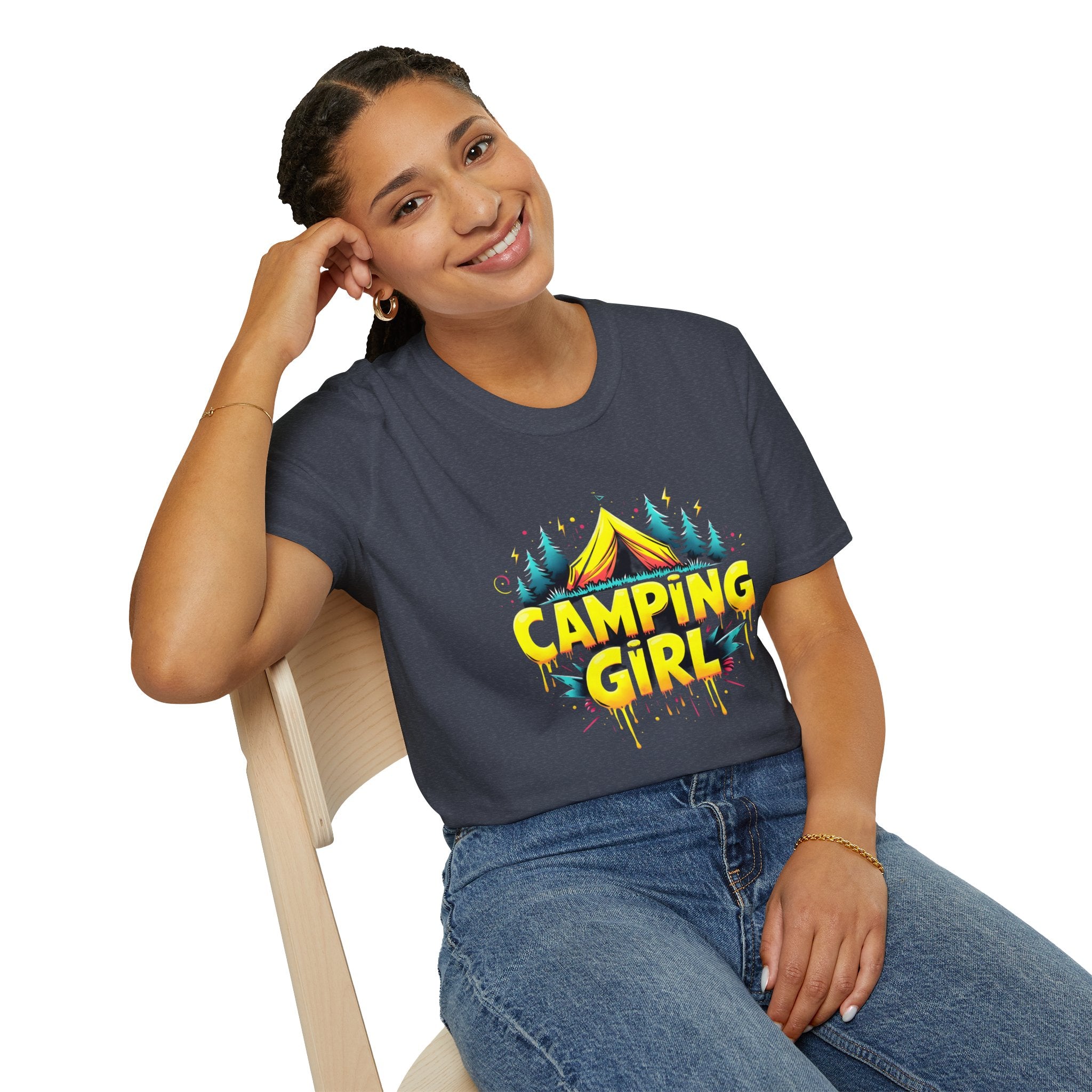 Camping Girl Unisex Softstyle T-Shirt, Outdoor Adventure Tee, Gift for Campers, Hiking Apparel, Summer Vacation Shirt