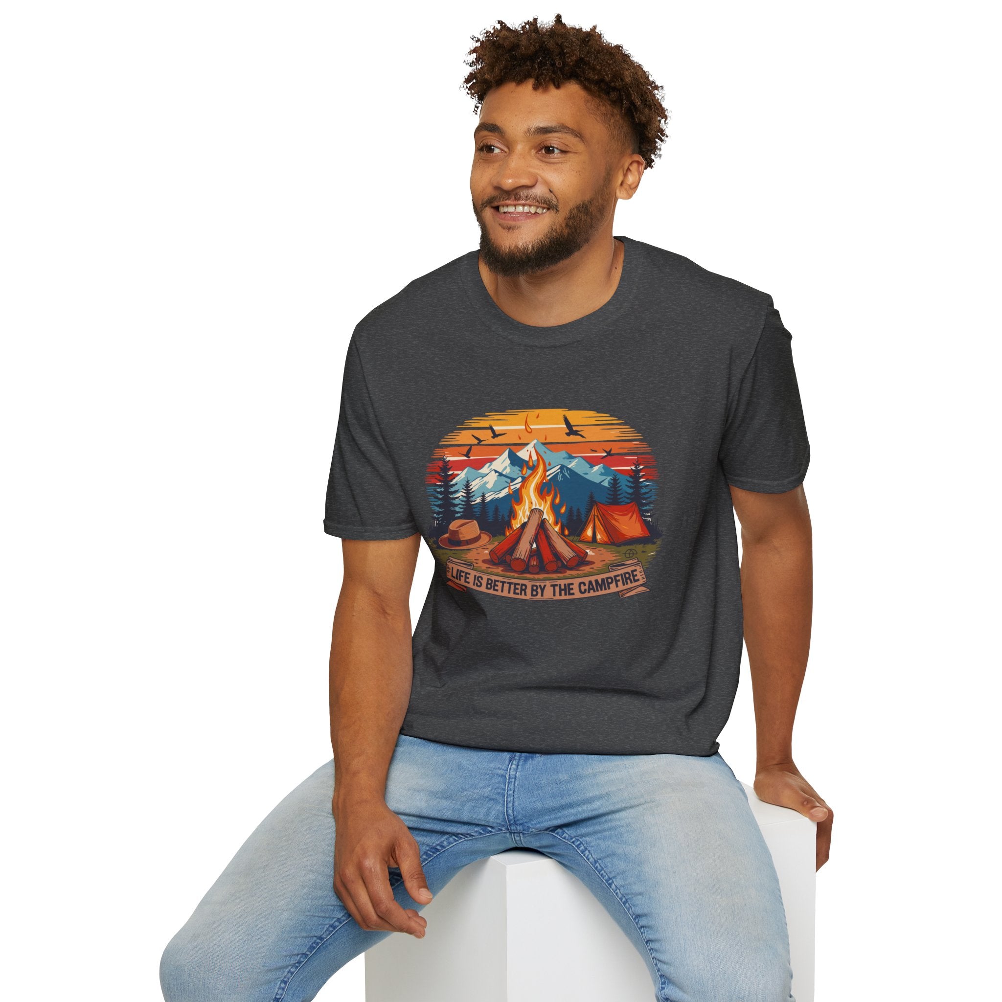 Campfire Vibes Unisex Softstyle T-Shirt, Outdoor Lovers Tee, Adventure Gift, Camping Apparel, Summer Festivals, Nature Enthusiast