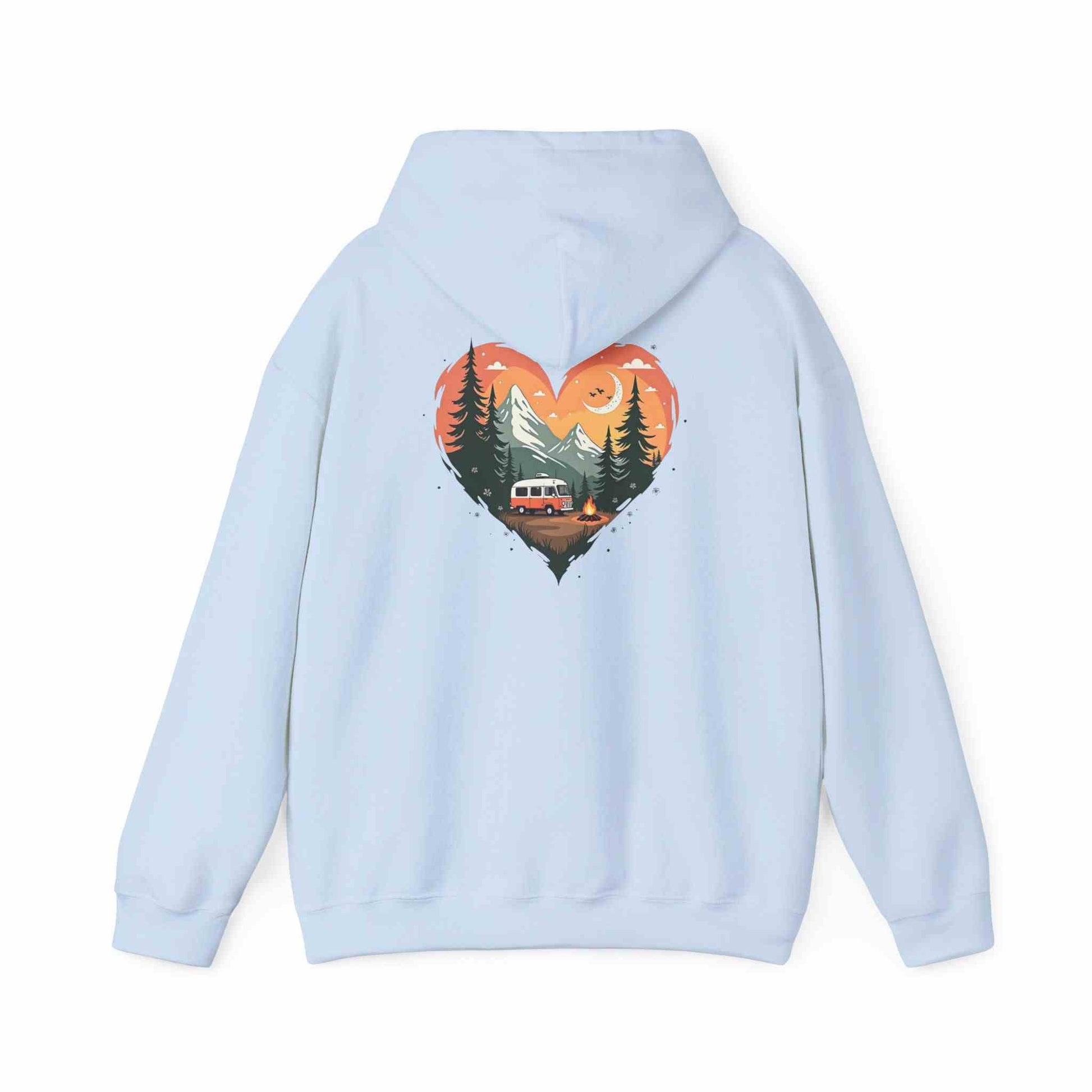 Unisex cozy hoodie with heart-shaped nature scene featuring trees, mountains, and a camper van outdoors