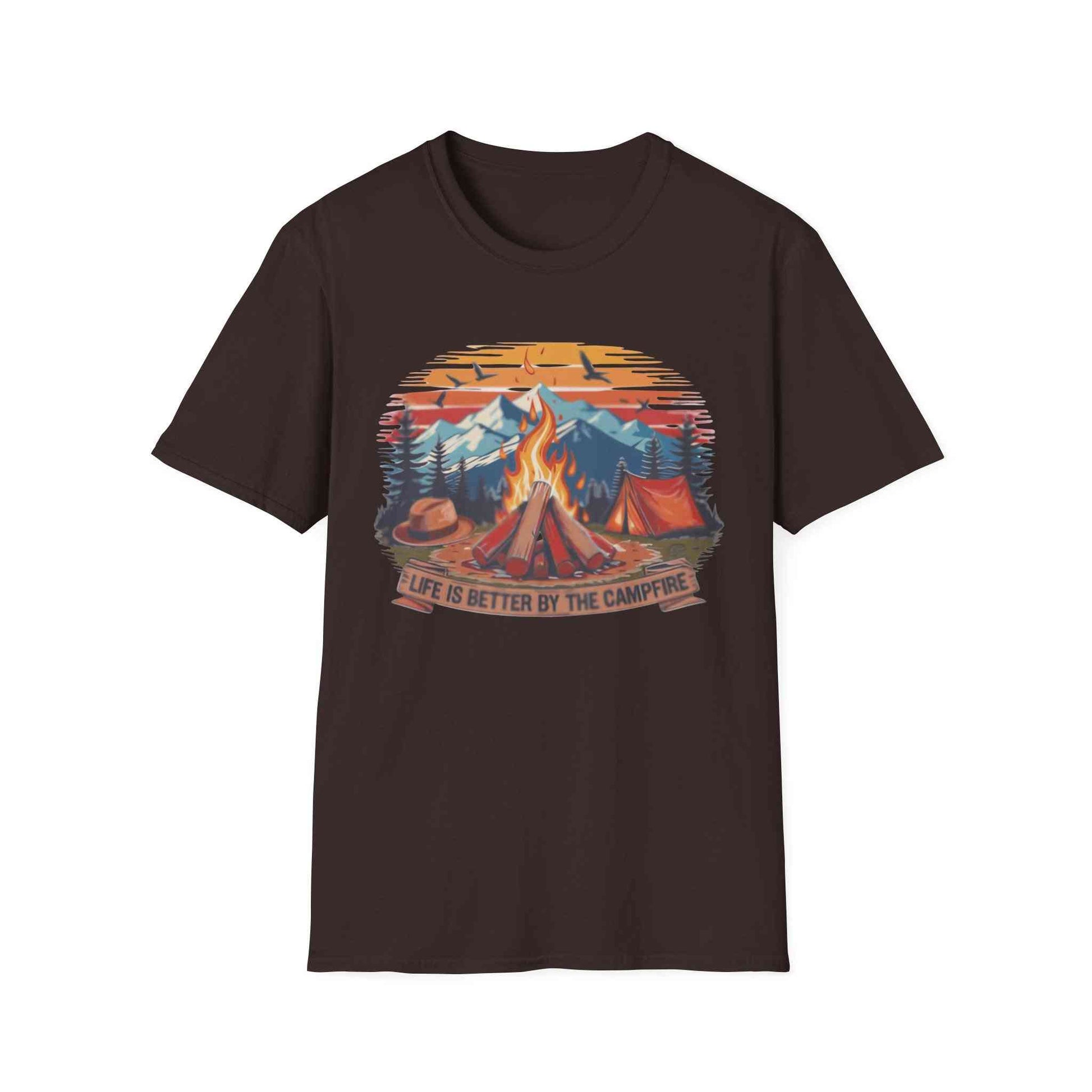 Campfire Vibes Unisex Softstyle T-Shirt with mountain and campfire design for outdoor lovers