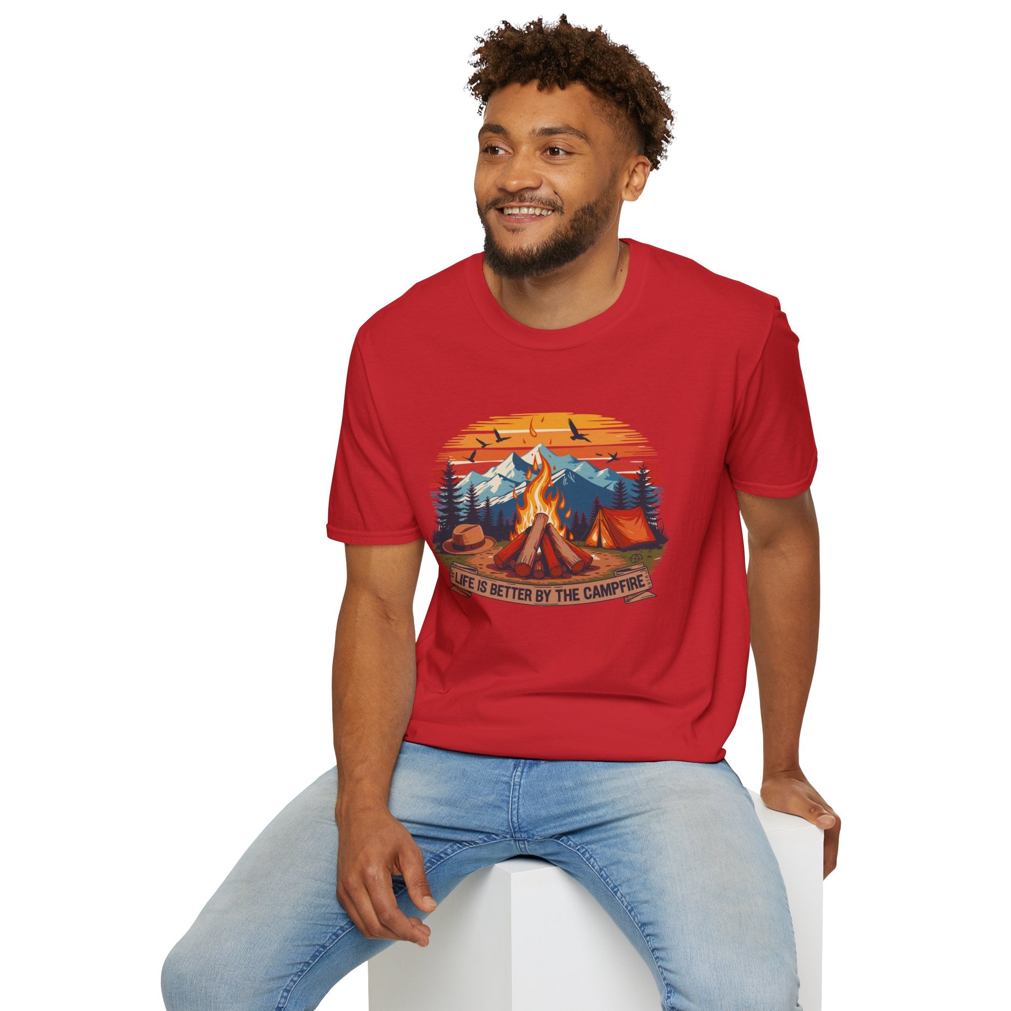 Campfire Vibes Unisex Softstyle T-Shirt, Outdoor Lovers Tee, Adventure Gift, Camping Apparel, Summer Festivals, Nature Enthusiast