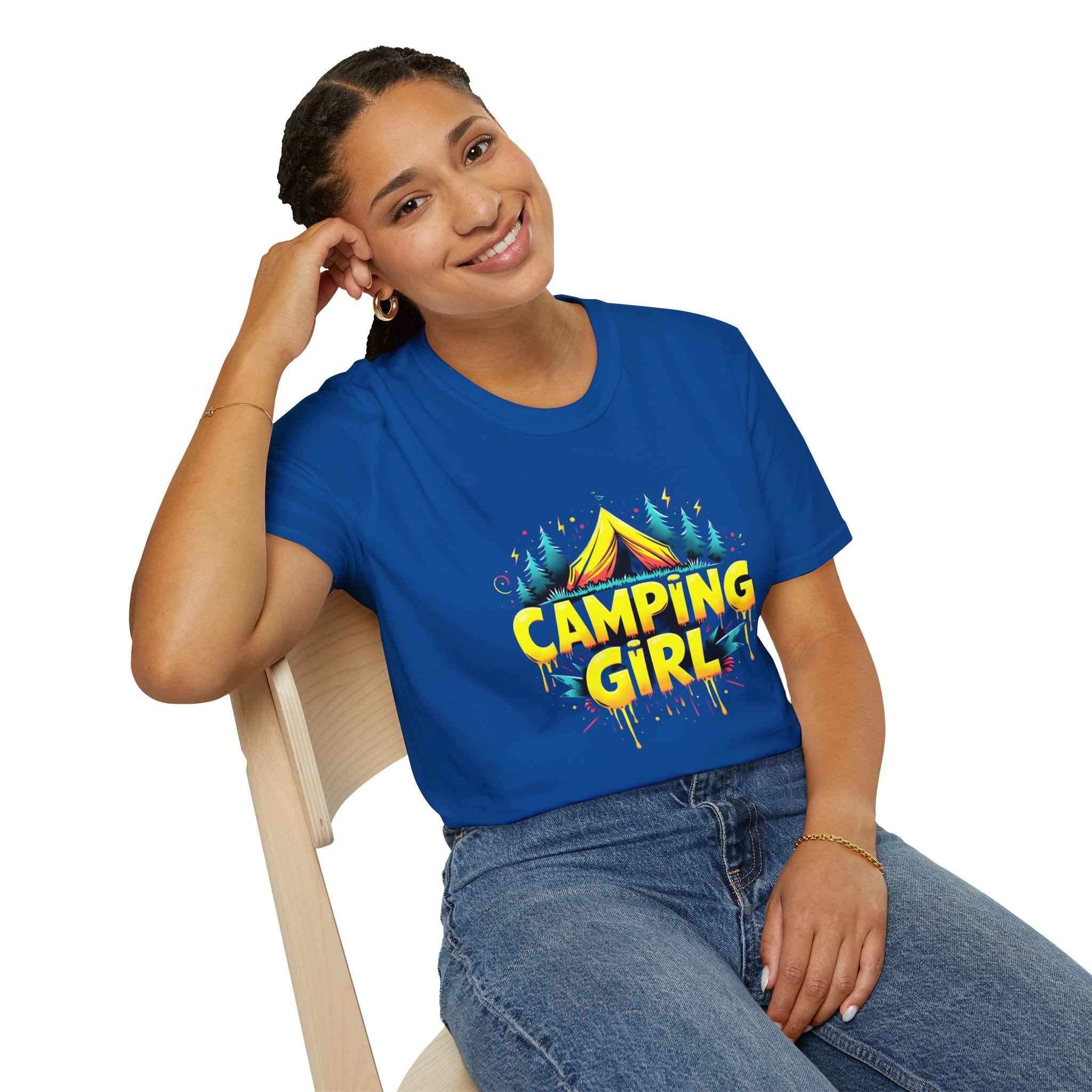 Camping Girl Unisex Softstyle T-Shirt, Outdoor Adventure Tee, Gift for Campers, Hiking Apparel, Summer Vacation Shirt
