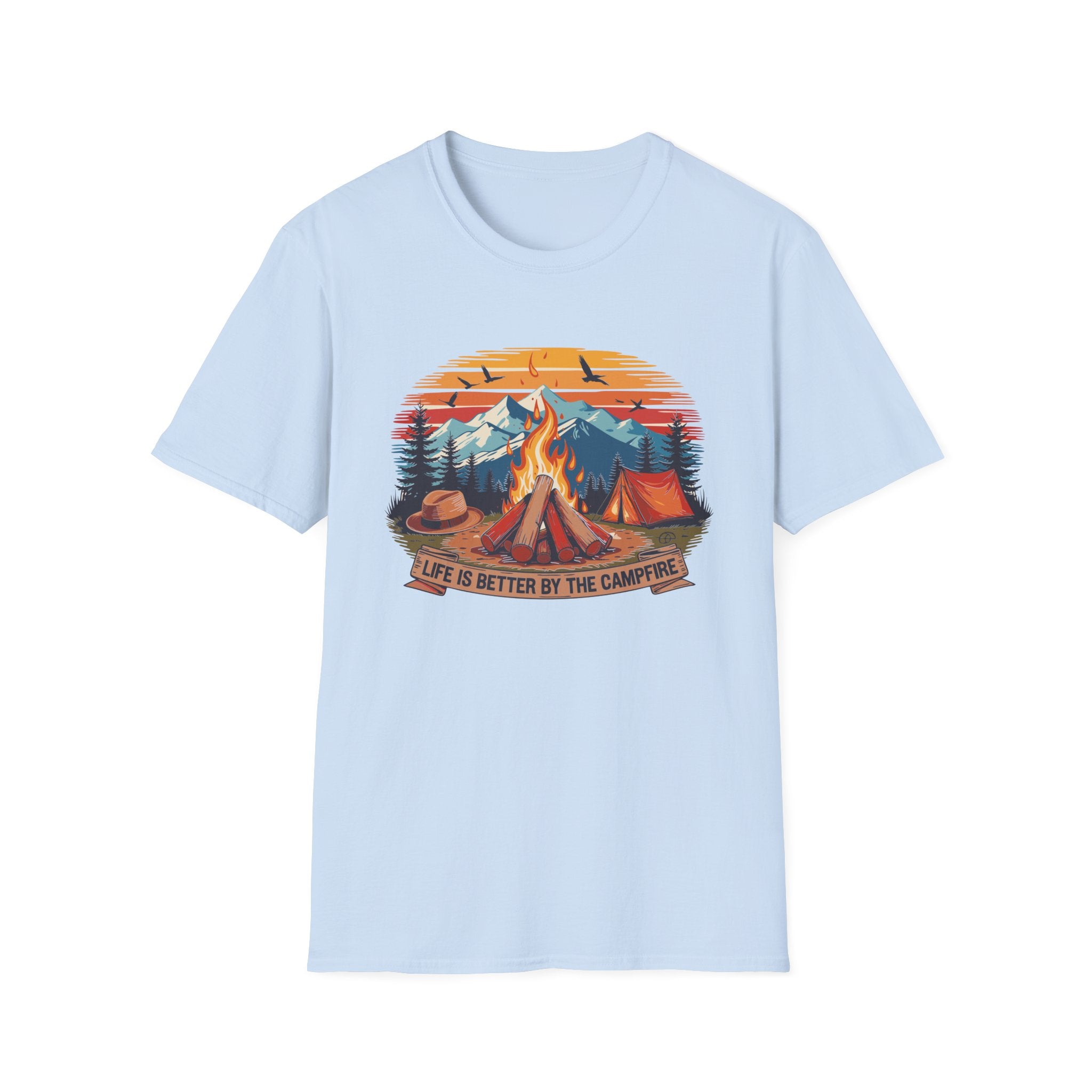 Campfire Vibes Unisex Softstyle T-Shirt, Outdoor Lovers Tee, Adventure Gift, Camping Apparel, Summer Festivals, Nature Enthusiast