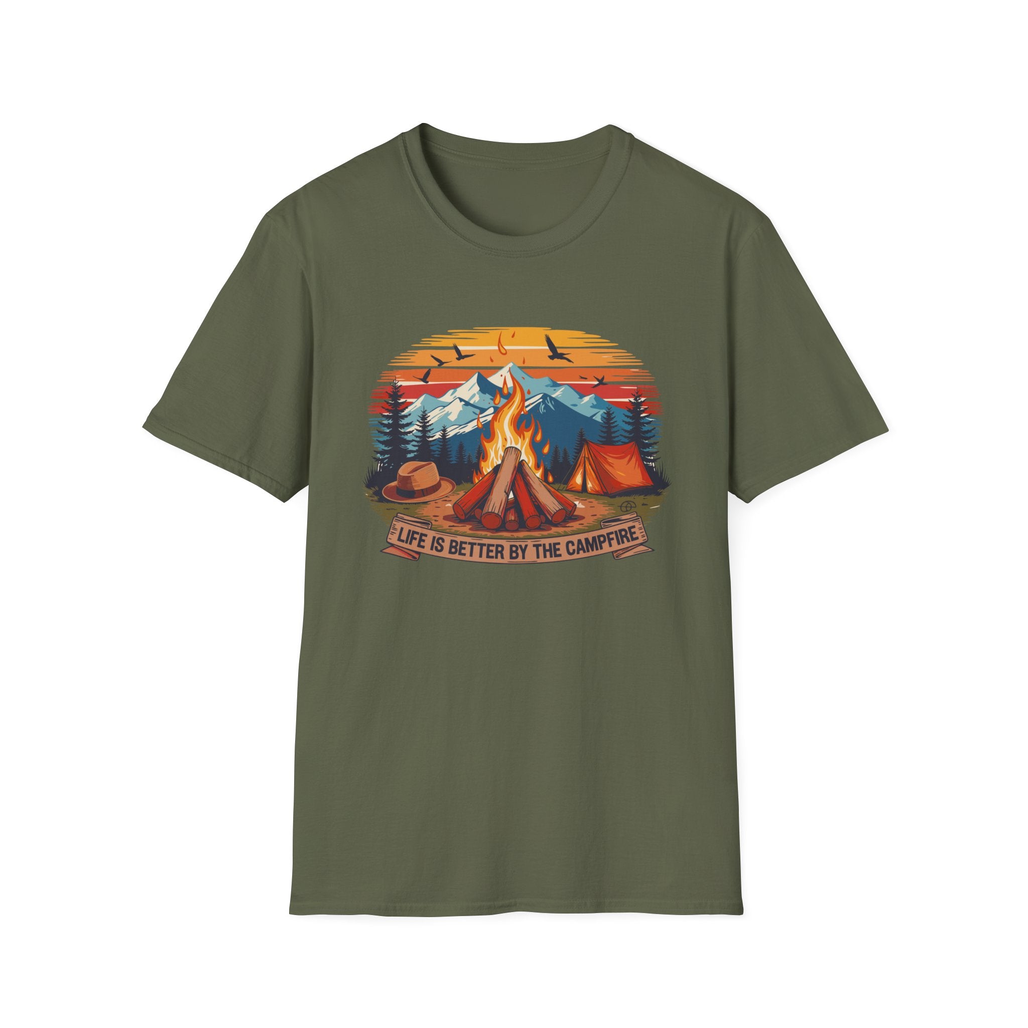 Campfire Vibes Unisex Softstyle T-Shirt, Outdoor Lovers Tee, Adventure Gift, Camping Apparel, Summer Festivals, Nature Enthusiast