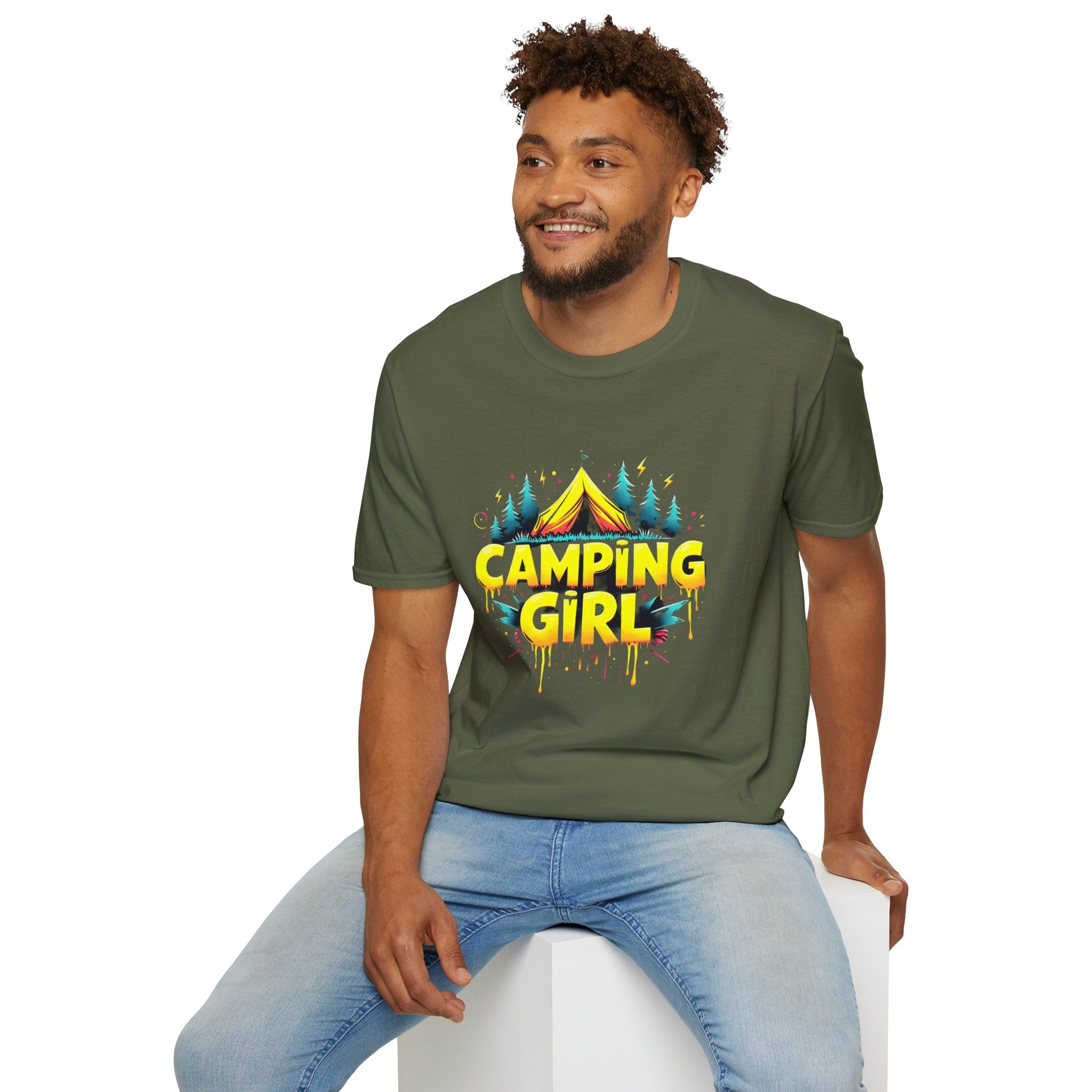Camping Girl Unisex Softstyle T-Shirt, Outdoor Adventure Tee, Gift for Campers, Hiking Apparel, Summer Vacation Shirt