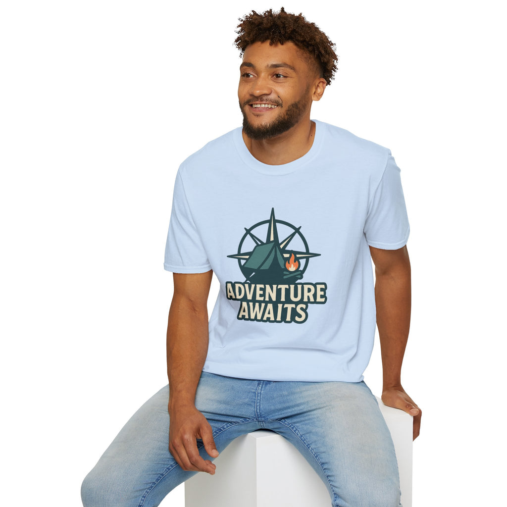 Adventure Awaits Unisex Softstyle T-Shirt, Camping Shirt, Hiking Tee, Outdoor Enthusiast Gift, Adventure Lover Apparel, Travel T-Shirt