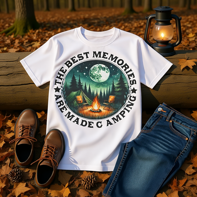 Camping Memories Unisex Softstyle T-Shirt with outdoor camping scene and slogan The Best Memories Are Made Camping