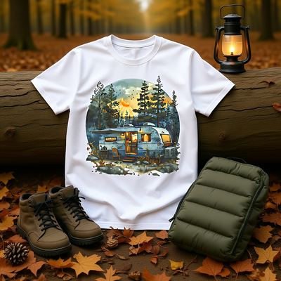 Cozy Camper Unisex Softstyle T-Shirt with outdoor camper trailer design, placed on log with autumn leaves, hiking boots, lantern, and green sleeping bag in forest setting