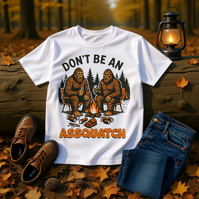 Funny Sasquatch Camping T-Shirt with Sasquatch characters by campfire, unisex outdoors tee for nature lovers