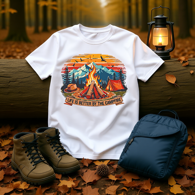 Campfire Vibes Unisex Softstyle T-Shirt with campfire and mountain design for outdoor lovers