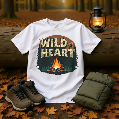 Wild at Heart Camping T-Shirt with campfire design, ideal for outdoor adventure and hiking activities