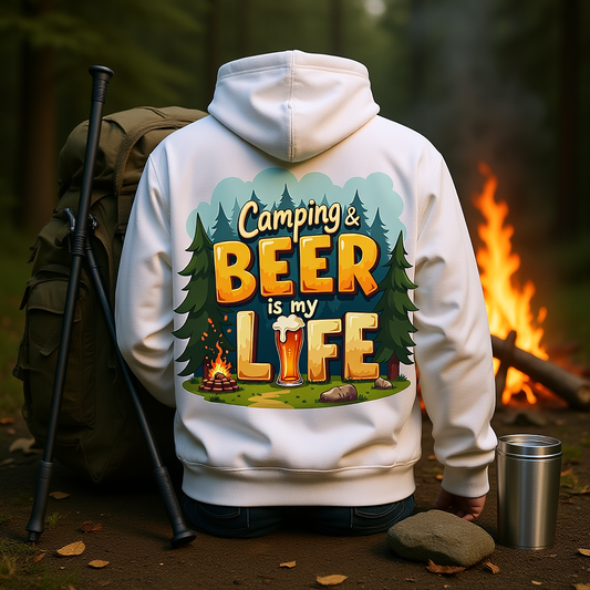Unisex white Beer Life Camping Hoodie with colorful outdoor beer-themed graphic, ideal for camping and festivals