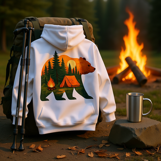 Unisex white hoodie with nature-inspired bear graphic, campfire, and tent design, ideal for outdoor adventures and camping
