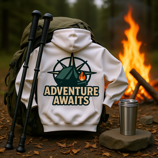 Adventure Awaits unisex hoodie with travel and camping design near campfire and hiking gear