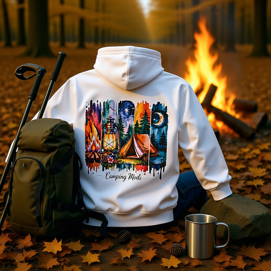 Cozy camping hoodie with colorful outdoor scene print, unisex heavy blend sweatshirt perfect for warmth and comfort around campfires.