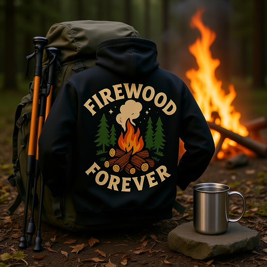 Unisex Cozy Campfire Hoodie with firewood graphic, perfect for outdoor warmth and casual style