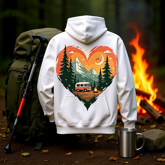 Unisex white hoodie with Nature Lover's Heart design of mountains, trees, sunset, and camper van, displayed near camping gear and campfire.