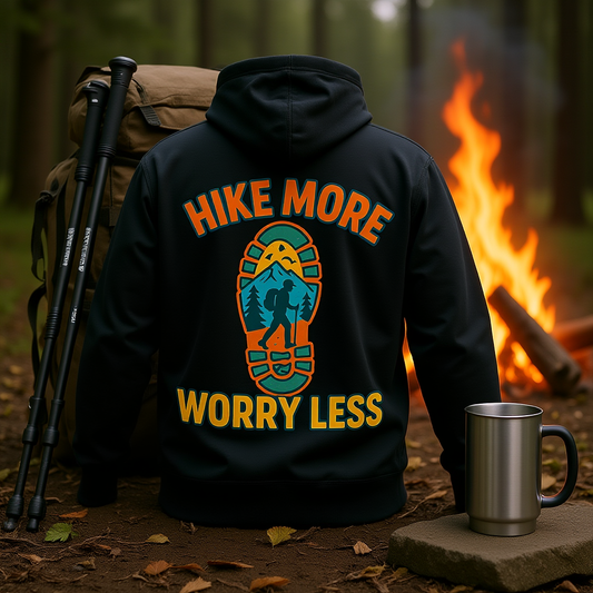 Unisex Heavy Blend™ Hooded Sweatshirt with Hike More Worry Less design, worn outdoors near campfire