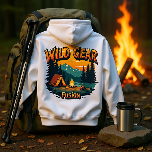 Adventure hoodie with outdoor vibes featuring a nature-inspired Wild Gear Fusion design by a campfire.