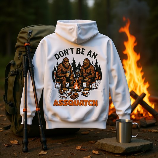 Unisex Cozy Bigfoot Hoodie with Sasquatch design by campfire for outdoor lovers