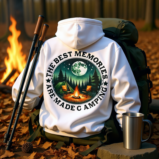 Camping Adventure Sweatshirt with cozy unisex pullover design featuring campfire and forest graphic and “The Best Memories Are Made Camping” text