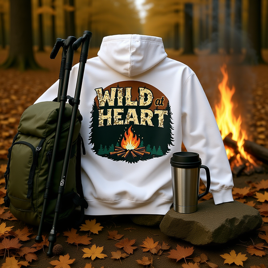 Wild Heart Unisex Hoodie with camping fire graphic, cozy outdoor sweatshirt in white.