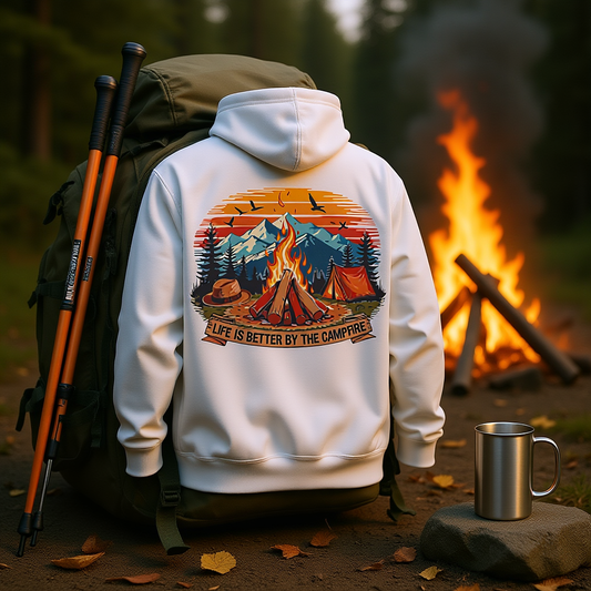 White cozy camping sweatshirt with vibrant campfire and mountain design, perfect for outdoor and nature lovers.