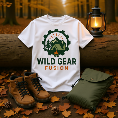 White Wild Gear Fusion unisex t-shirt with outdoor camping logo, paired with brown hiking boots and green backpack in autumn forest setting