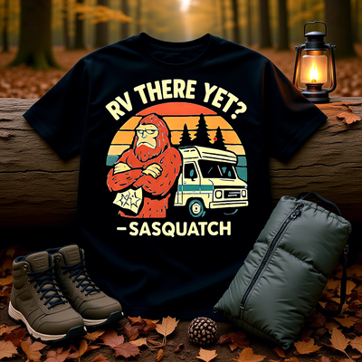 Black unisex T-shirt with "RV There Yet? Sasquatch" design featuring a cartoon Sasquatch and RV, styled for camping and outdoor adventure fans