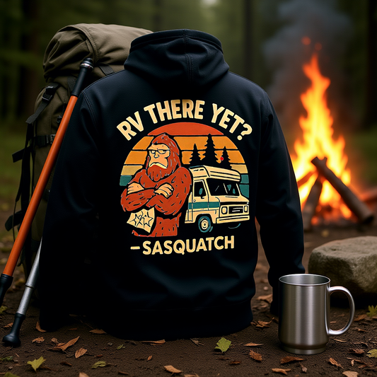 Black Sasquatch Adventure Hoodie with "RV There Yet?" graphic on back, thick cozy fabric for camping and outdoor use