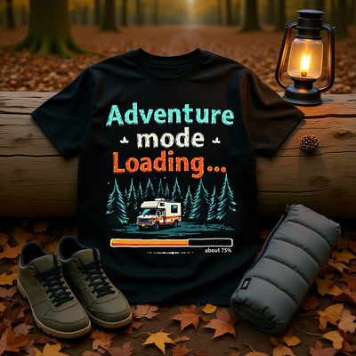 Black unisex t-shirt with "Adventure Mode Loading" text and camper van graphic, vintage style outdoor wear