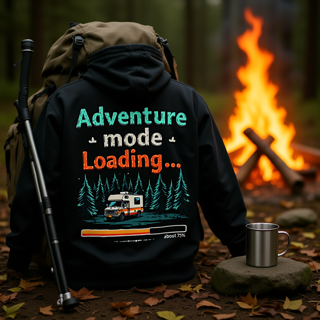 Unisex black Adventure Mode Sweatshirt hoodie with colorful outdoor-themed design by campfire
