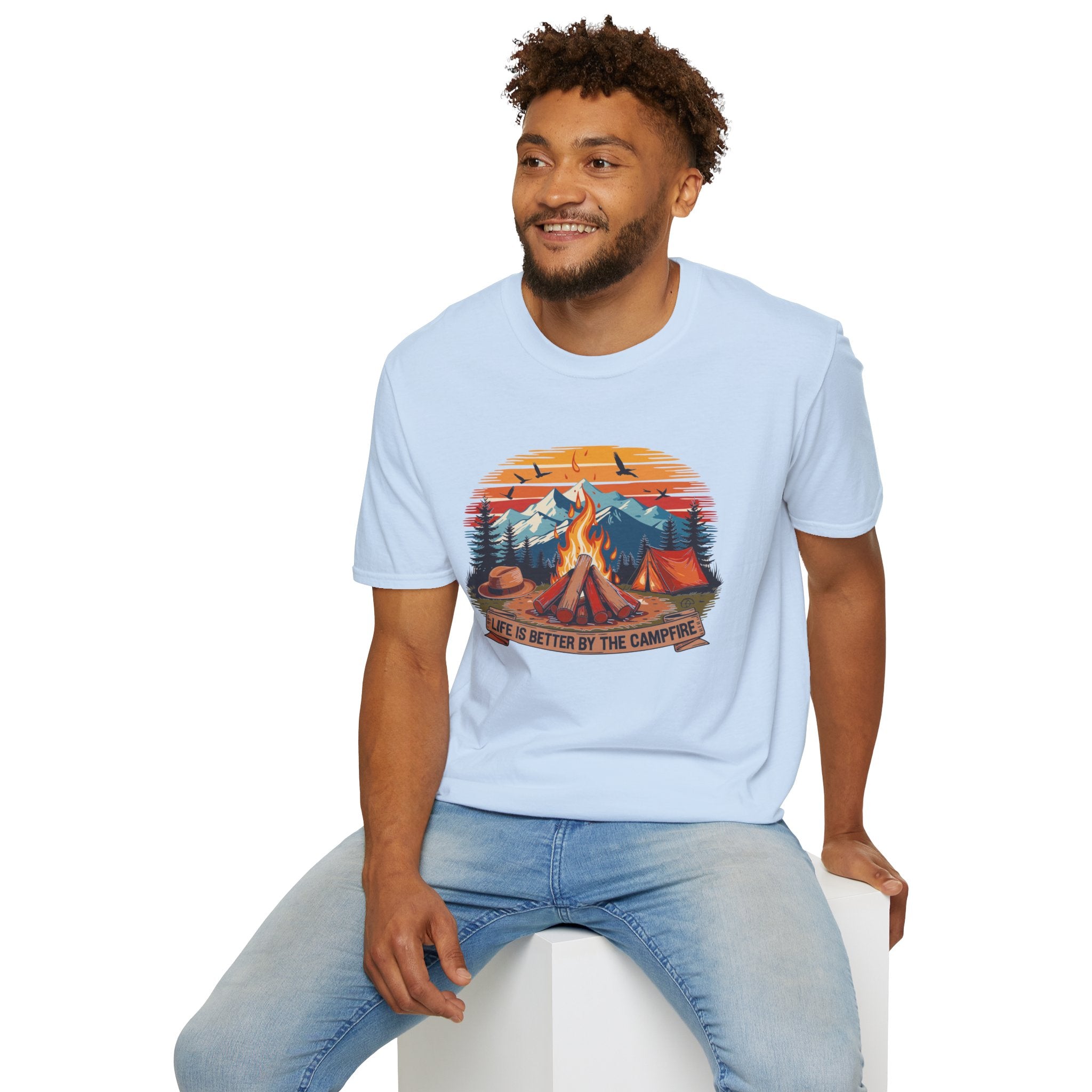 Campfire Vibes Unisex Softstyle T-Shirt, Outdoor Lovers Tee, Adventure Gift, Camping Apparel, Summer Festivals, Nature Enthusiast