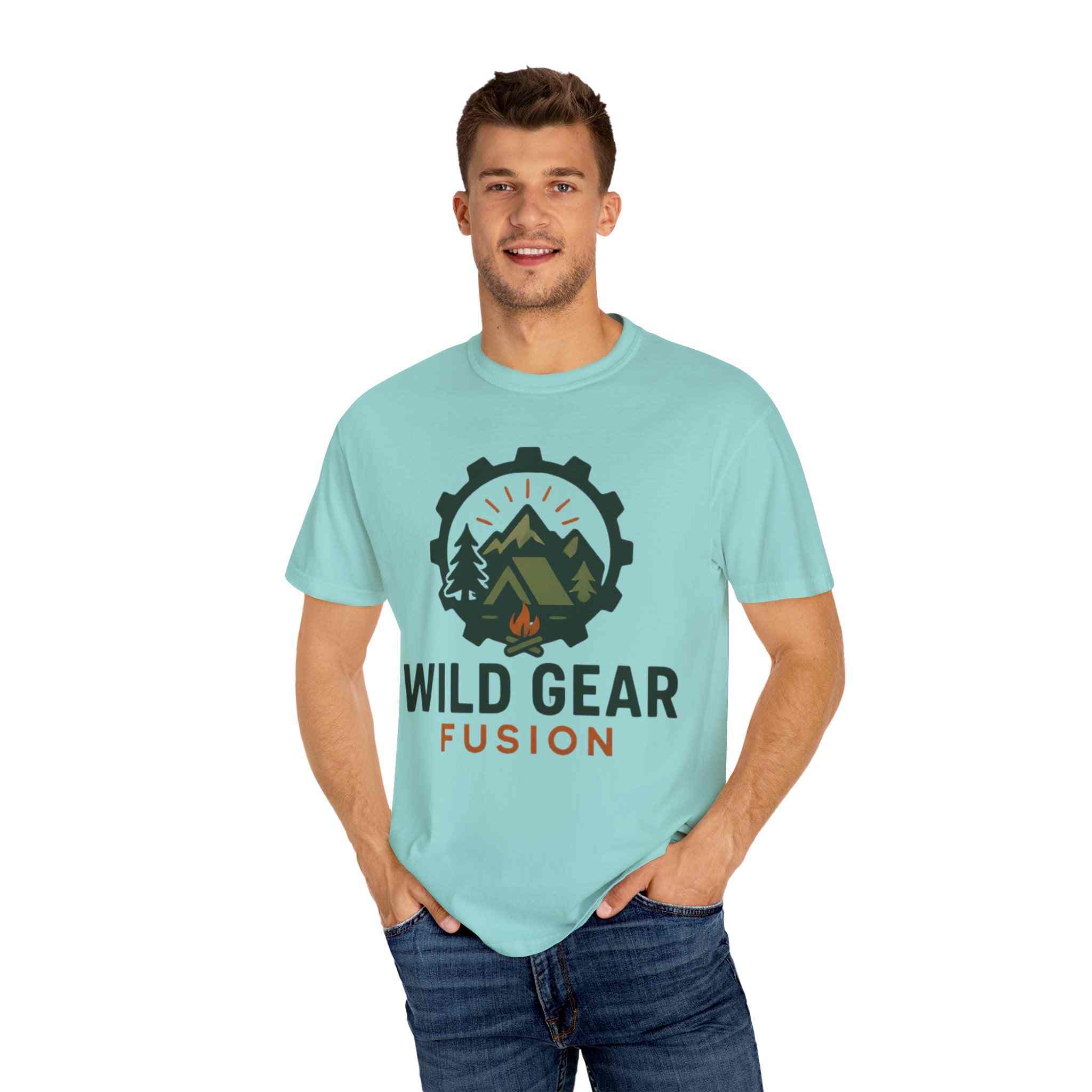 Wild Gear Fusion unisex garment-dyed t-shirt in light blue with outdoor adventure logo