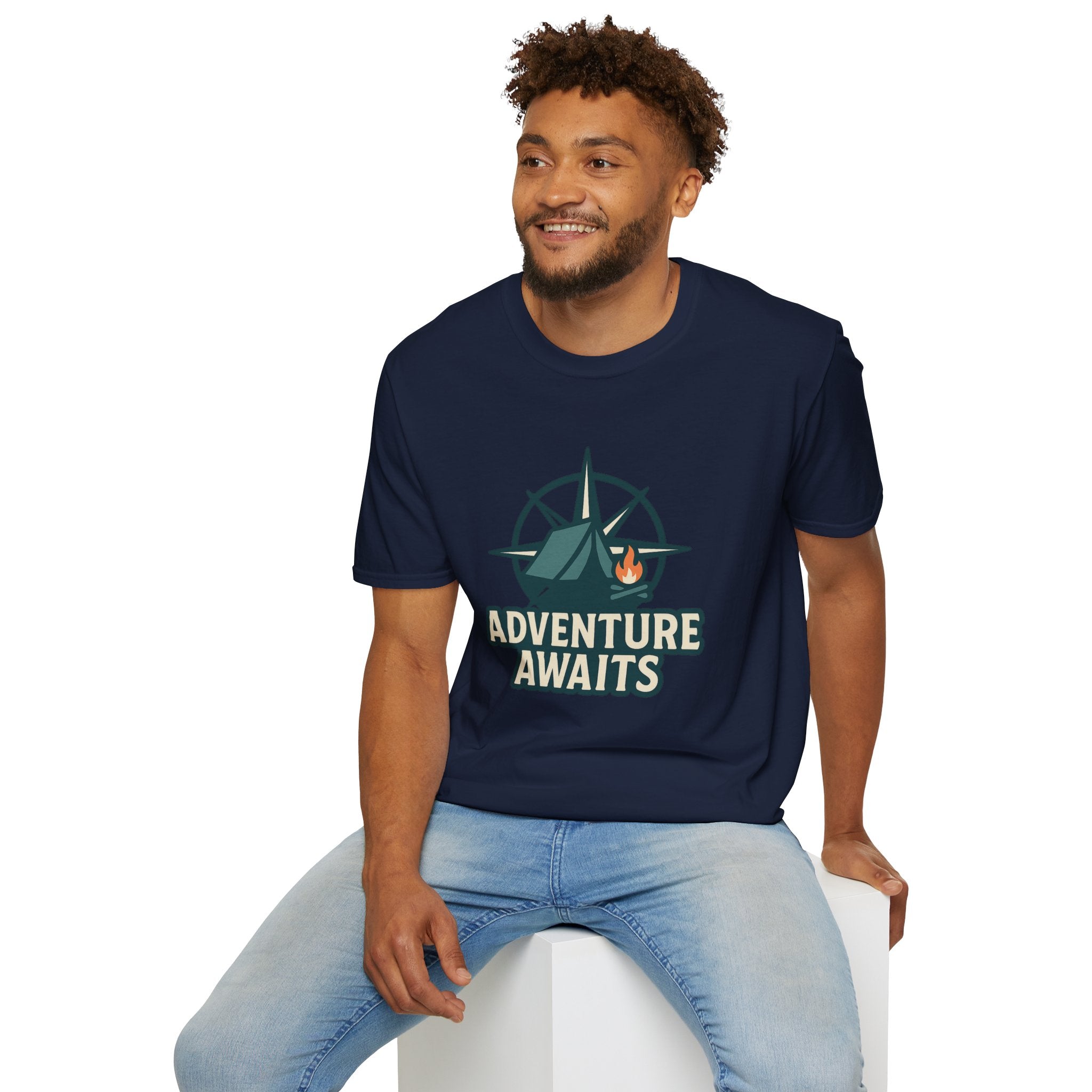 Adventure Awaits Unisex Softstyle T-Shirt, Camping Shirt, Hiking Tee, Outdoor Enthusiast Gift, Adventure Lover Apparel, Travel T-Shirt