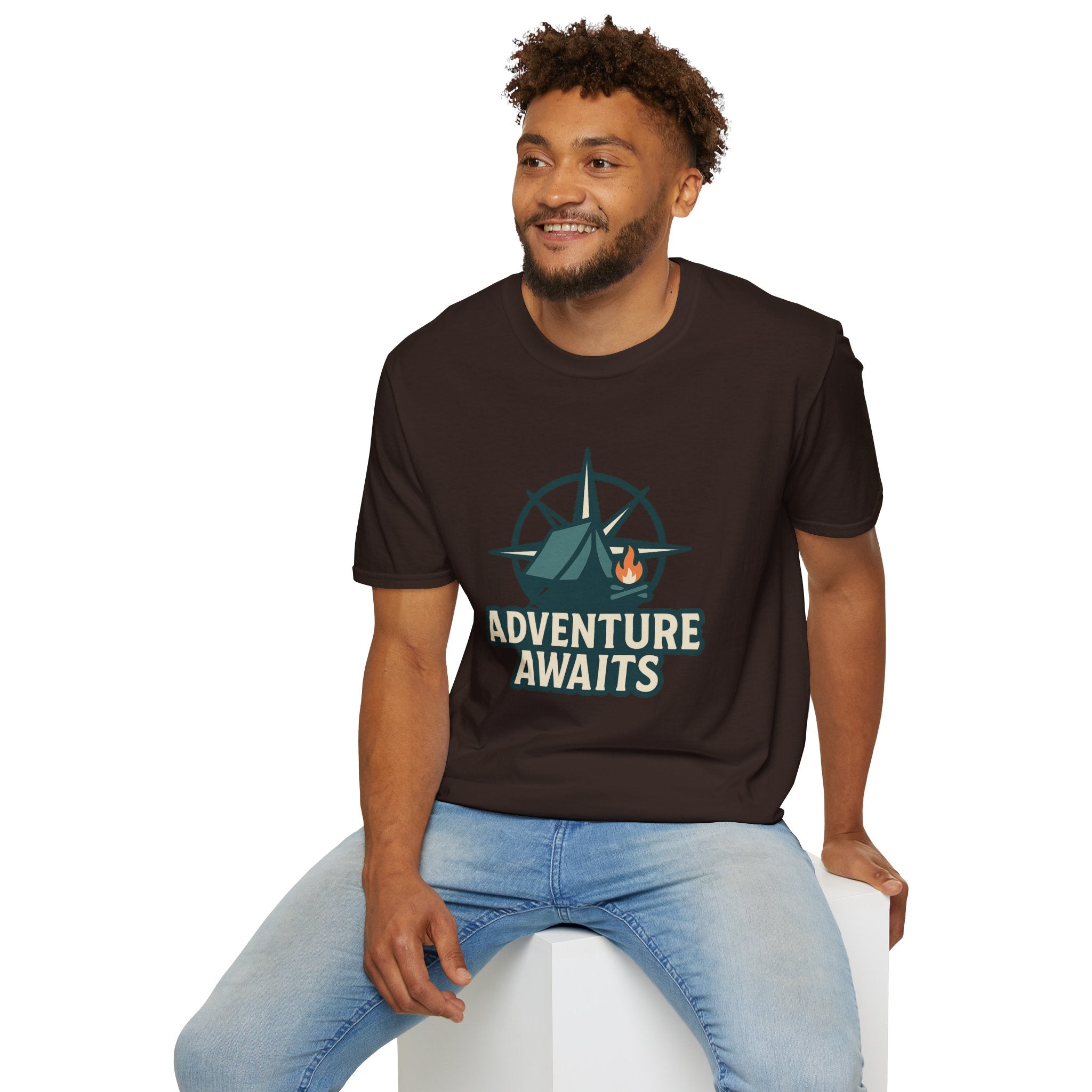 Adventure Awaits Unisex Softstyle T-Shirt, Camping Shirt, Hiking Tee, Outdoor Enthusiast Gift, Adventure Lover Apparel, Travel T-Shirt