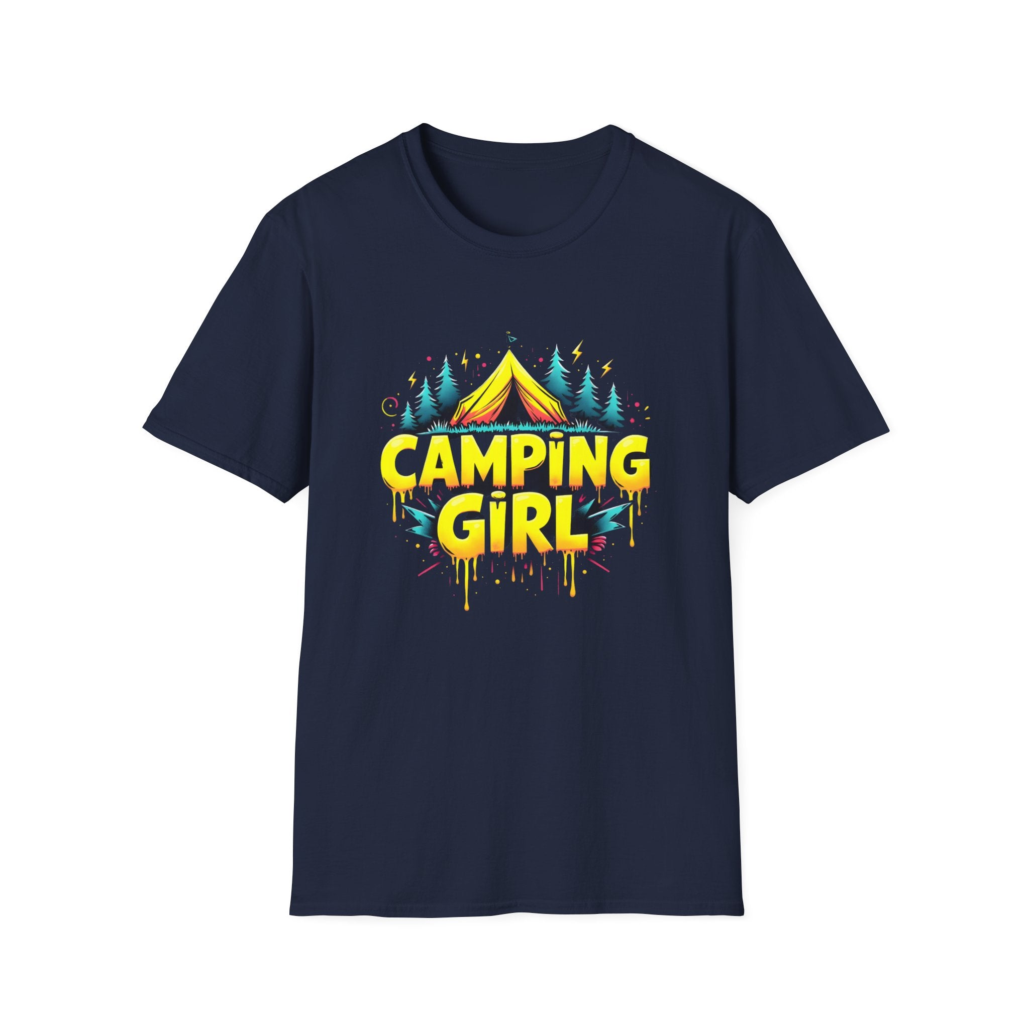 Camping Girl Unisex Softstyle T-Shirt, Outdoor Adventure Tee, Gift for Campers, Hiking Apparel, Summer Vacation Shirt