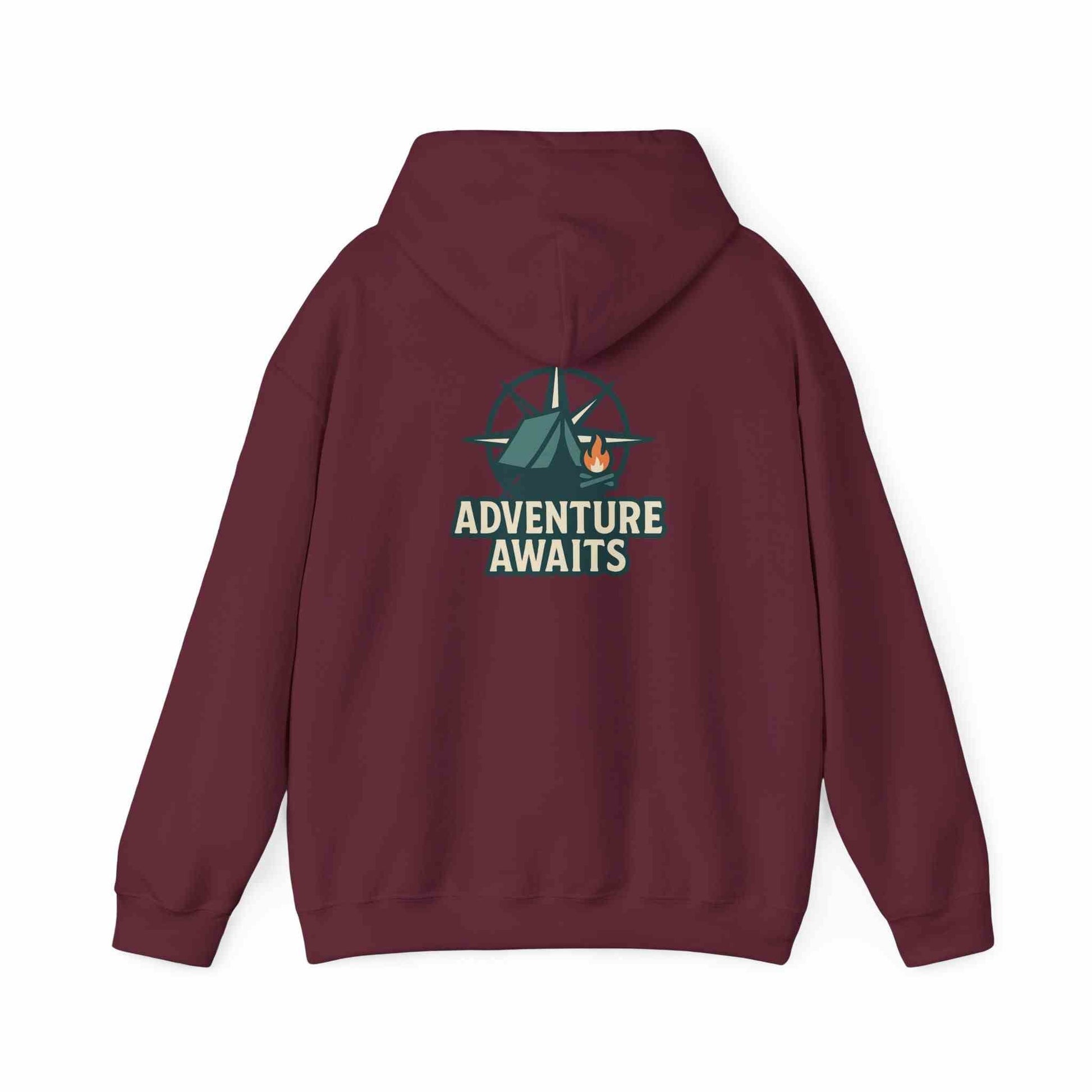 Maroon unisex hoodie with camping and "Adventure Awaits" graphic on back for travel lovers