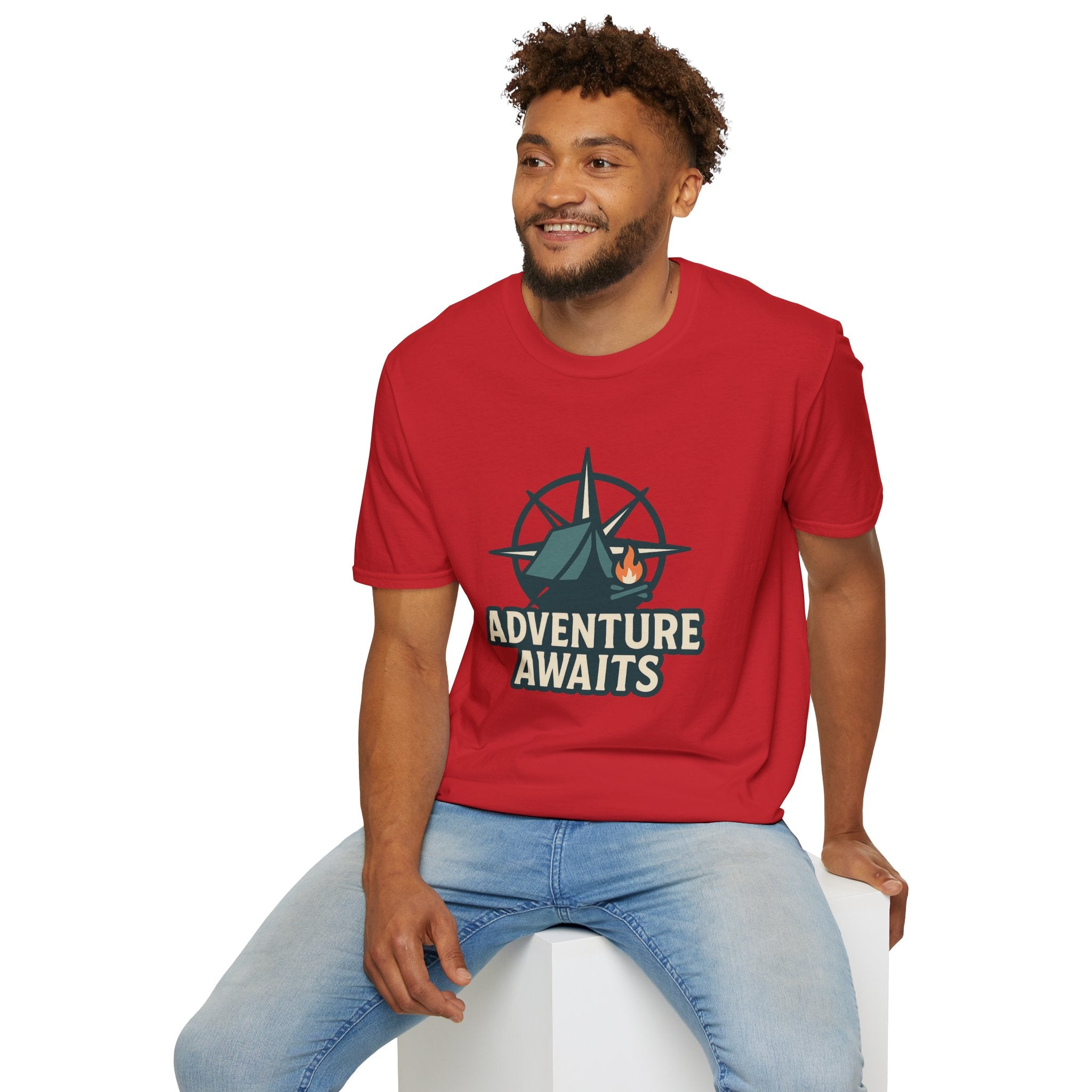 Adventure Awaits Unisex Softstyle T-Shirt, Camping Shirt, Hiking Tee, Outdoor Enthusiast Gift, Adventure Lover Apparel, Travel T-Shirt