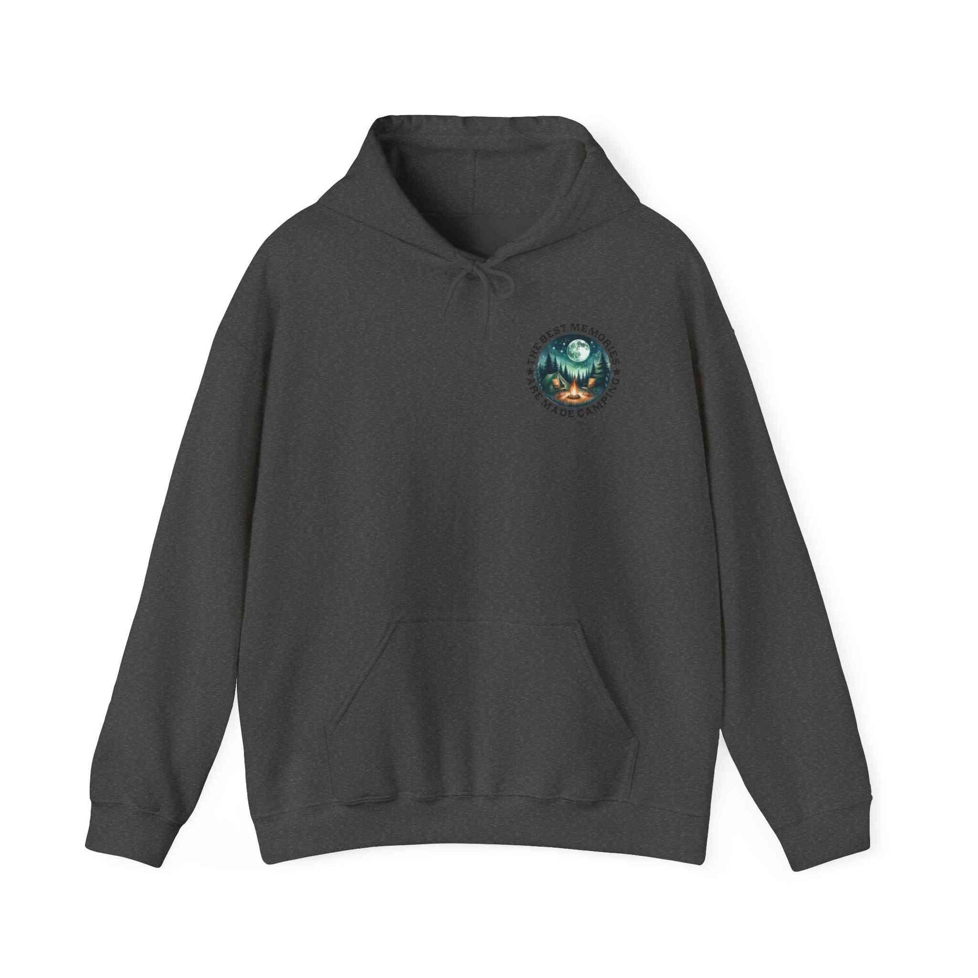 Unisex dark gray cozy sweatshirt with camping adventure design on chest pocket area