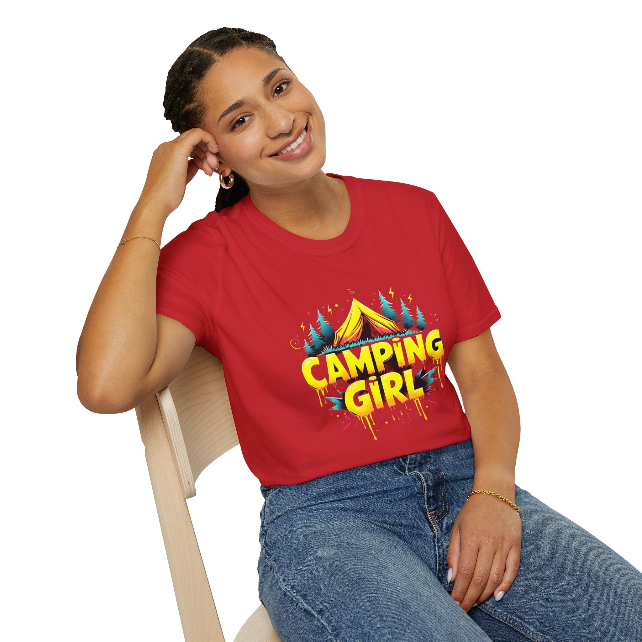 Camping Girl Unisex Softstyle T-Shirt, Outdoor Adventure Tee, Gift for Campers, Hiking Apparel, Summer Vacation Shirt