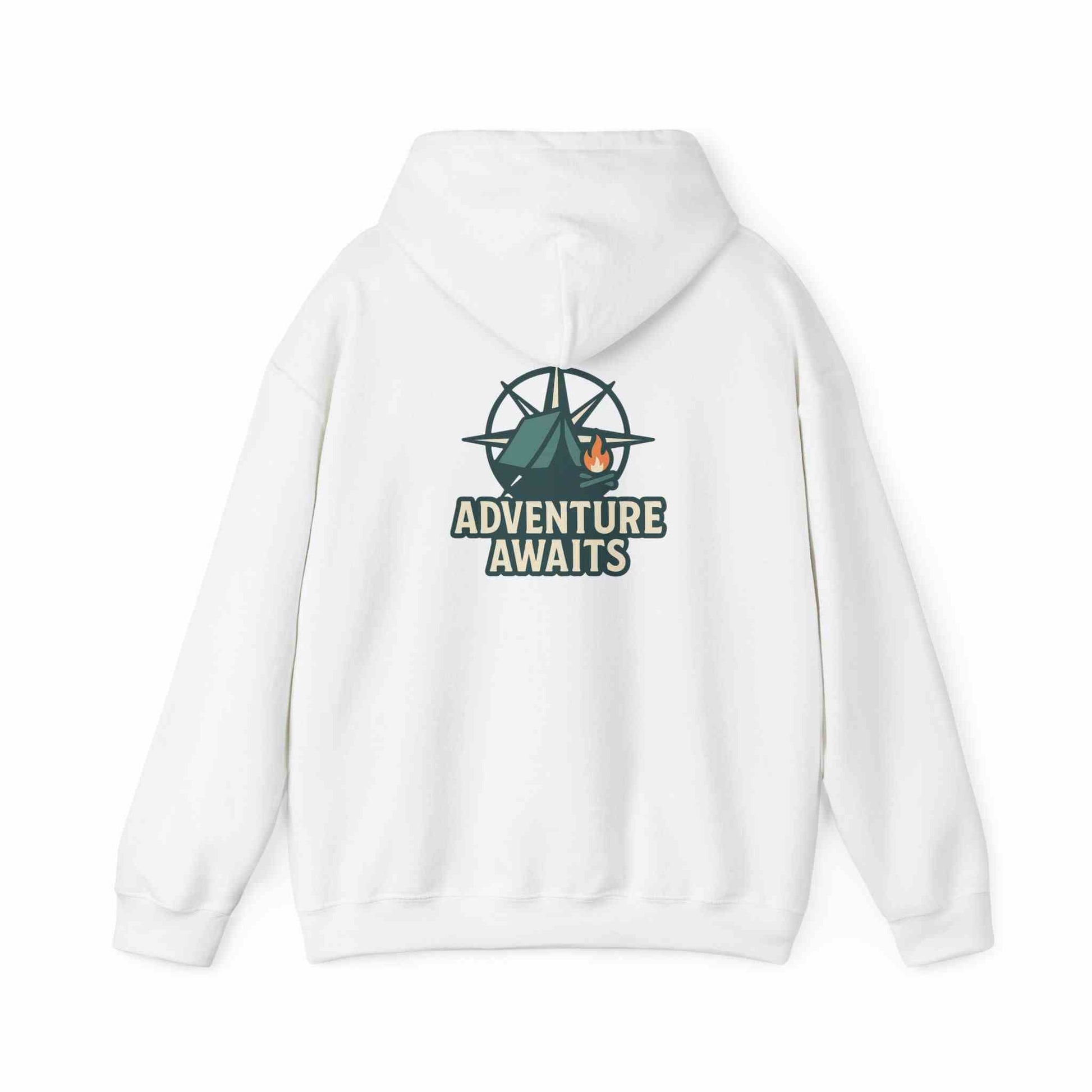 White unisex hoodie with "Adventure Awaits" camping graphic on the back, perfect travel and casual wear for adventure lovers