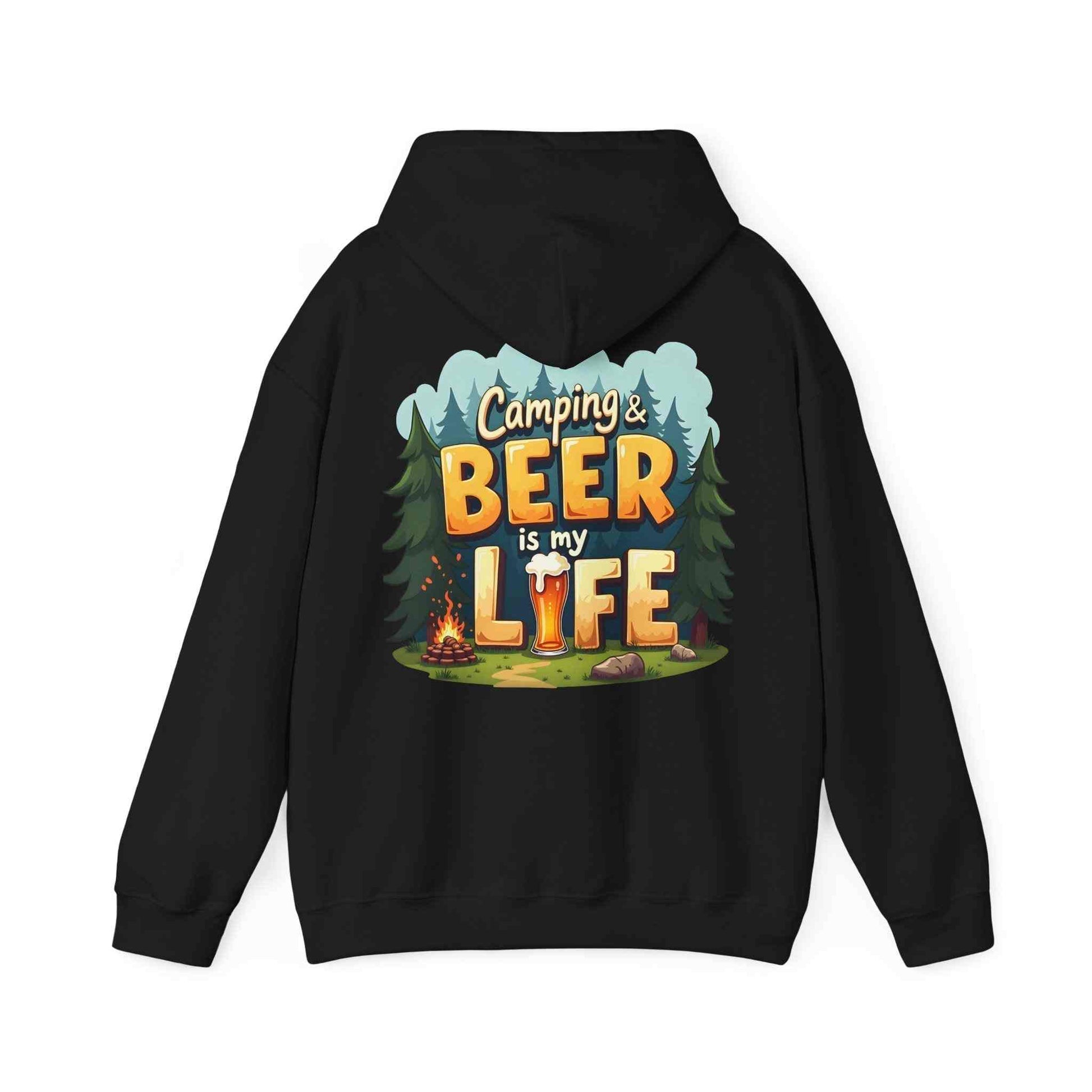 Black unisex Beer Life Camping Hoodie with colorful camping and beer graphic and adjustable hood